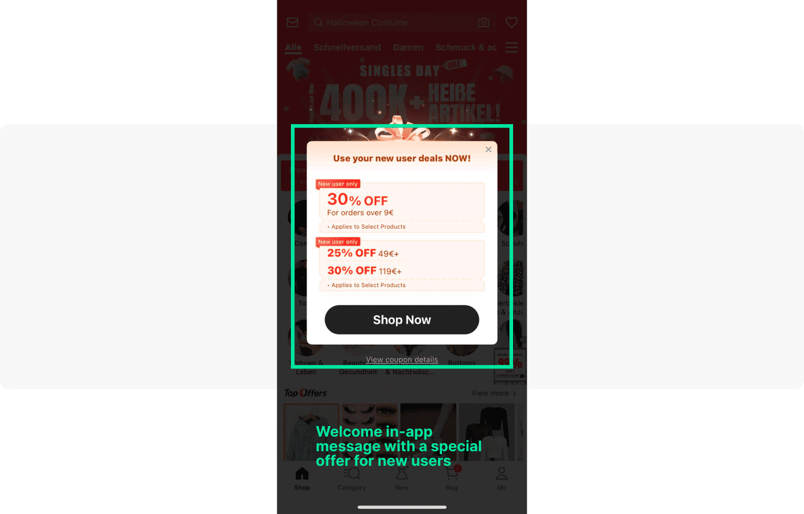 Shein app welcome in-app special offer