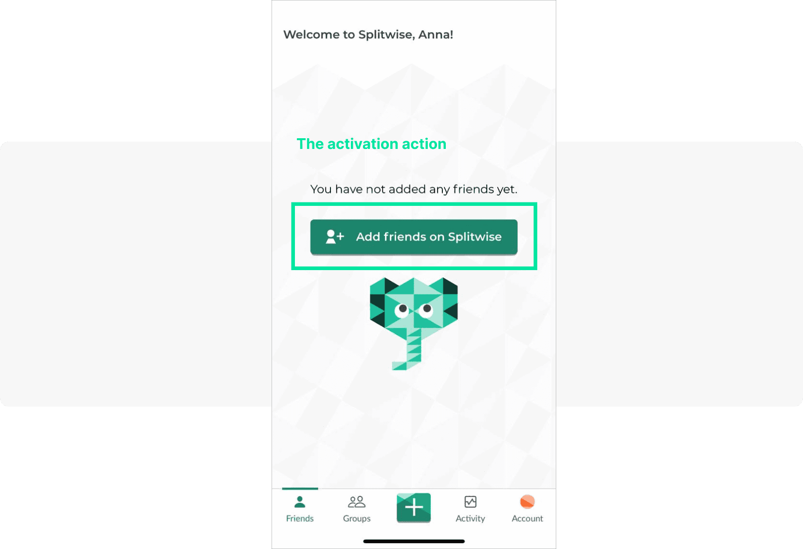 Splitwise app user activation in-app example