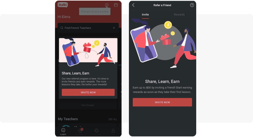 Referral program in-app example