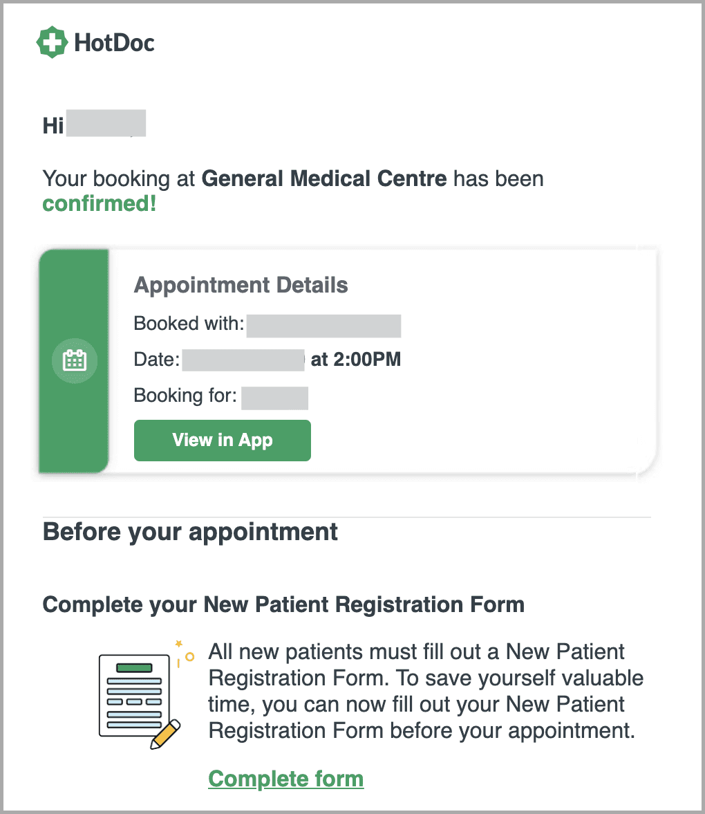 HotDoc appointment confirmation email