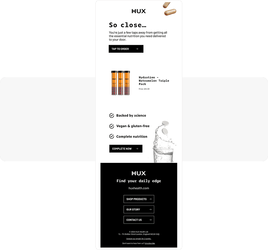 Abandoned cart email example “Almost there” by HUX