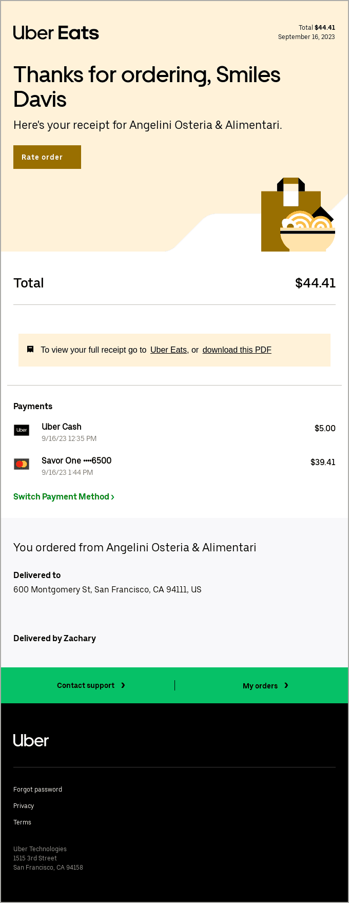 Transactional email with receipt example by Uber