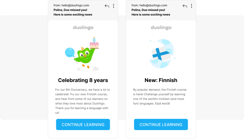 Re-engagement with a new feature example Duolingo
